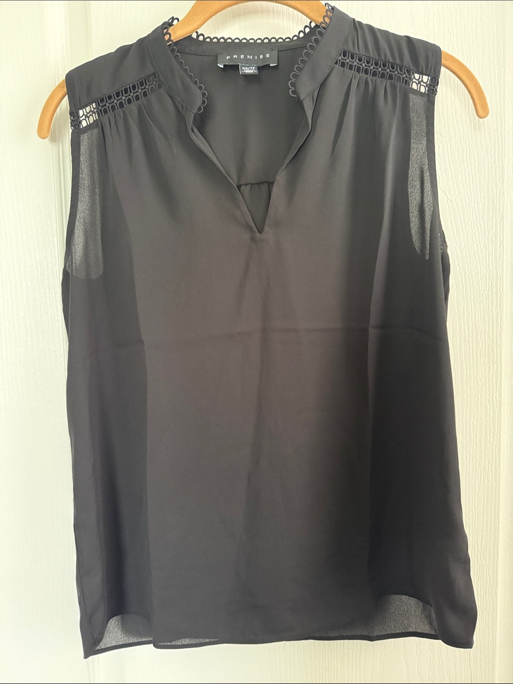 Premise Black Sleeveless Split-Neck Camisole with Crochet Yoke